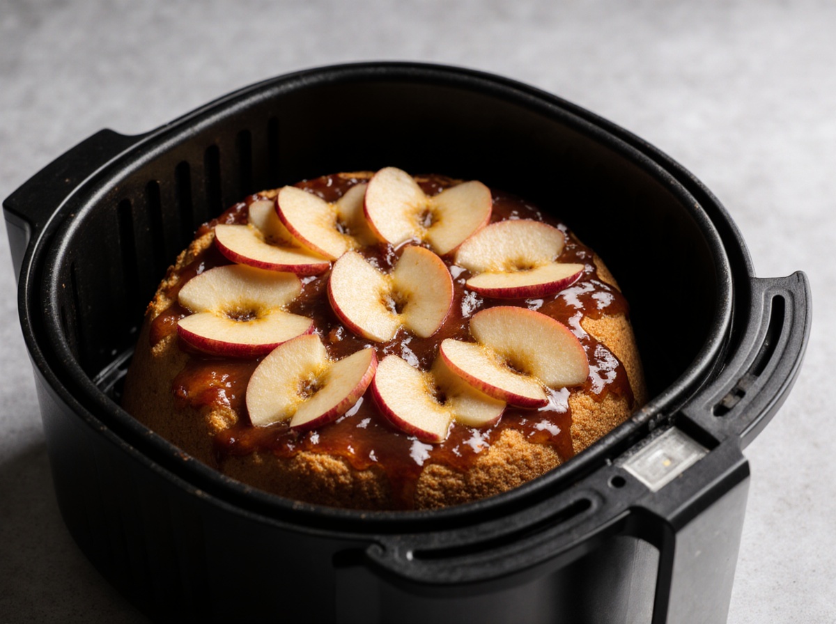 Leckerer Apfelkuchen, perfekt zubereitet im Airfryer für eine knusprige und saftige Torte.
