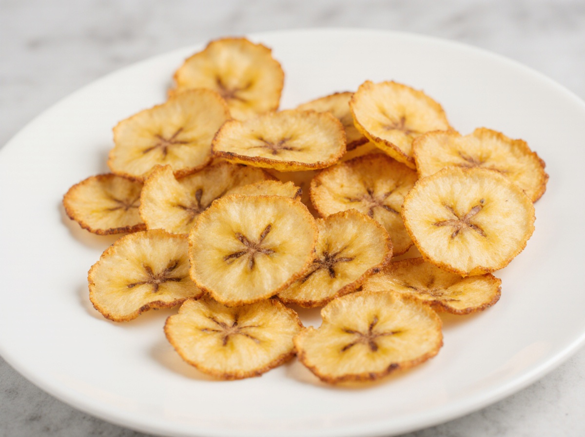 Knusprige Bananenchips, die im Airfryer zubereitet werden, perfekt für einen gesunden Snack.