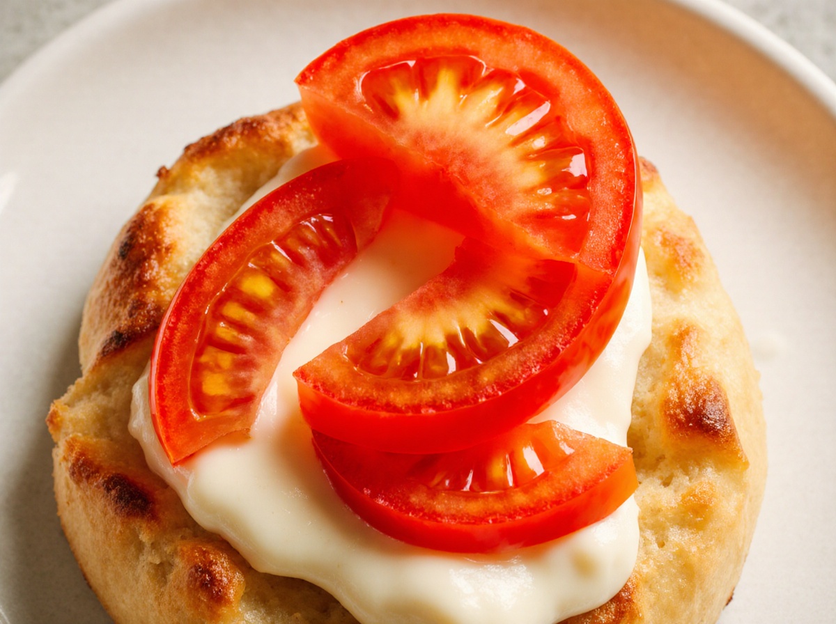 Luftige Blätterteigstücke mit frischer Tomate und cremigem Mozzarella, perfekt aus der Heißluftfritteuse zubereitet.