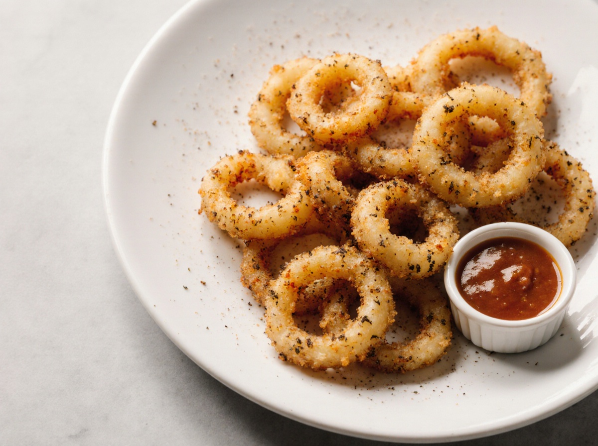 Leckere Calamari-Ringe, perfekt zubereitet in der Heißluftfritteuse für einen knusprigen Genuss.