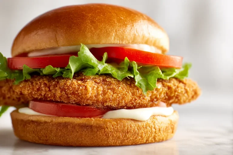 Delikater Crispy Chicken Burger aus der Heißluftfritteuse mit goldbraunem Hähnchen und frischem Gemüse.