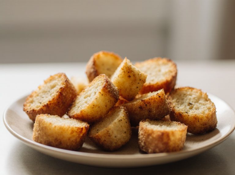 Knusprige Croutons aus der Heißluftfritteuse, perfekt für eine salzige Beilage.