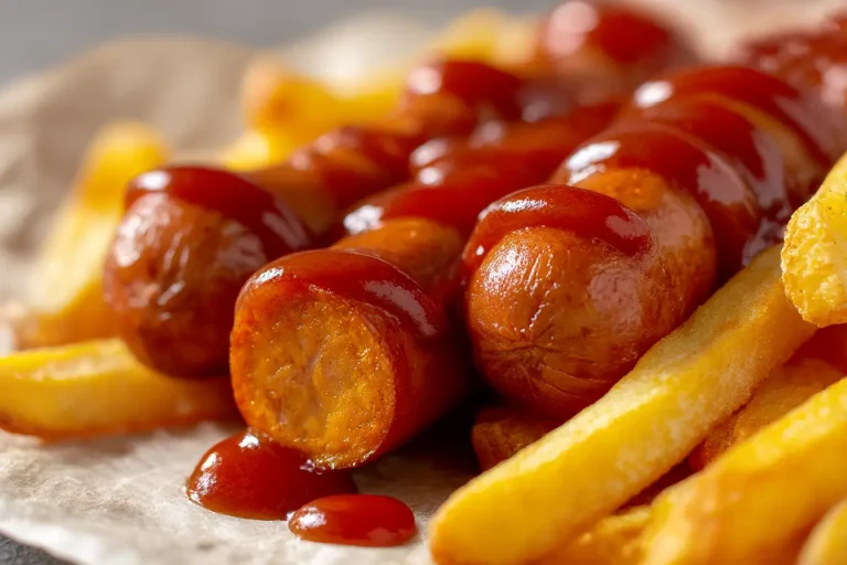 Leckere Currywurst aus der Heißluftfritteuse, perfekt goldbraun und saftig.