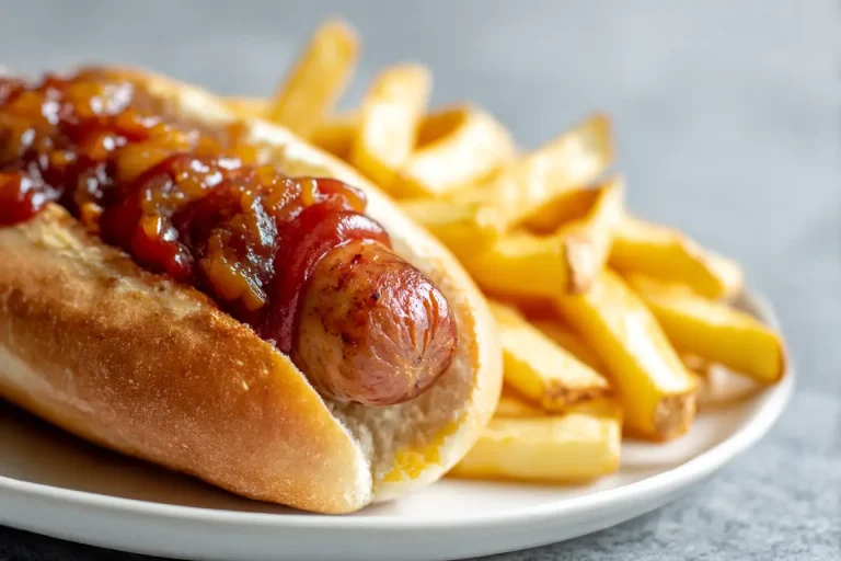 Köstliche Currywurst mit knusprigen Pommes, zubereitet in der Heißluftfritteuse.
