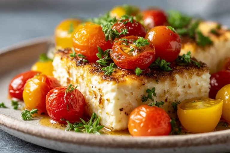Leckeres Feta mit Tomaten aus der Heißluftfritteuse, das perfekt zubereitet ist.