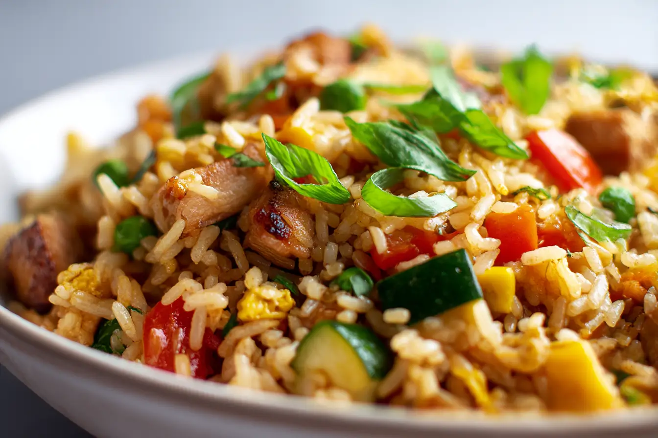 Leckerer gebratener Reis aus der Heißluftfritteuse mit frischen Gemüse und aromatischen Gewürzen.