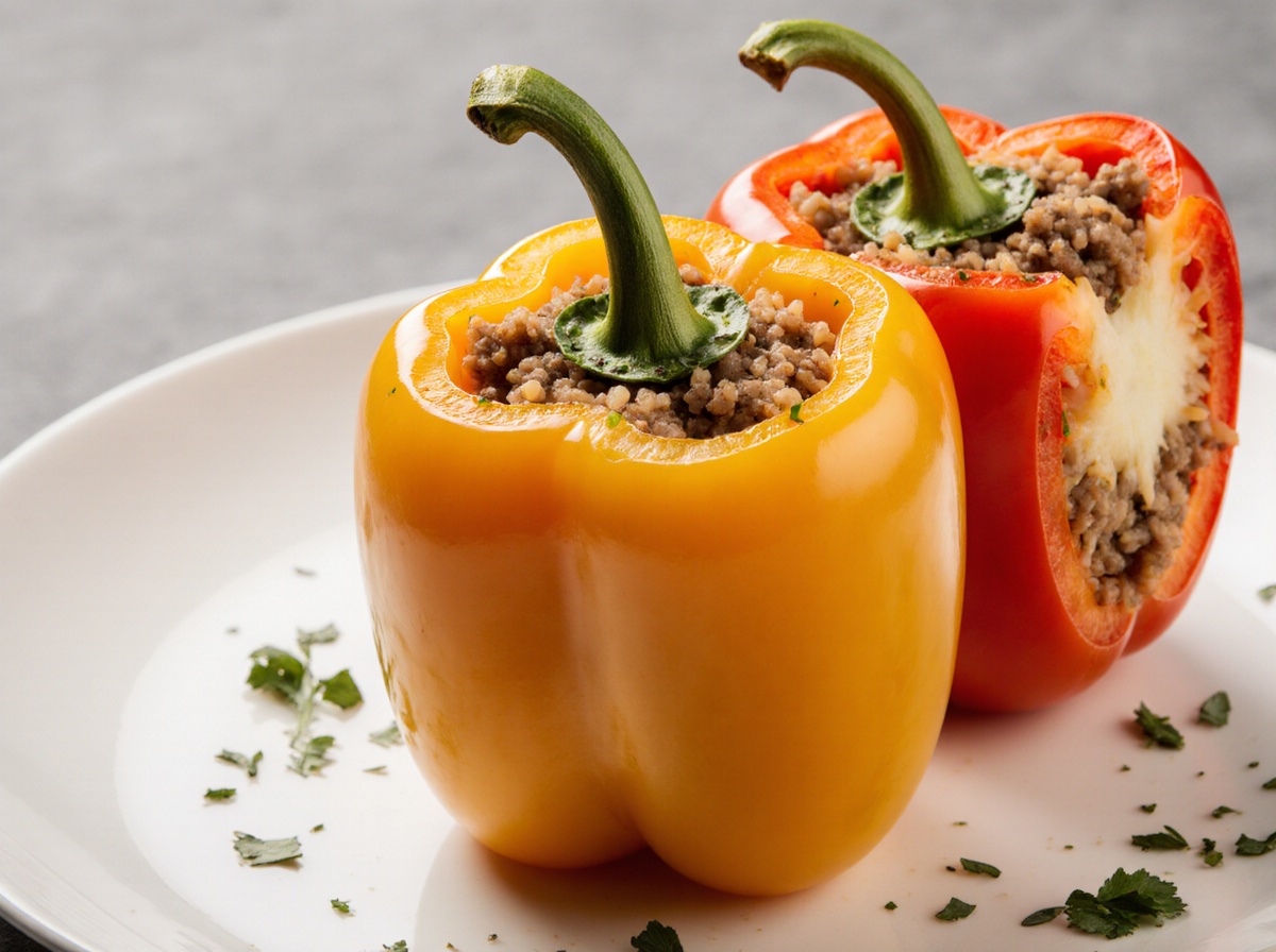 Leckere gefüllte Paprika aus der Heißluftfritteuse, ideal für eine gesunde Mahlzeit.