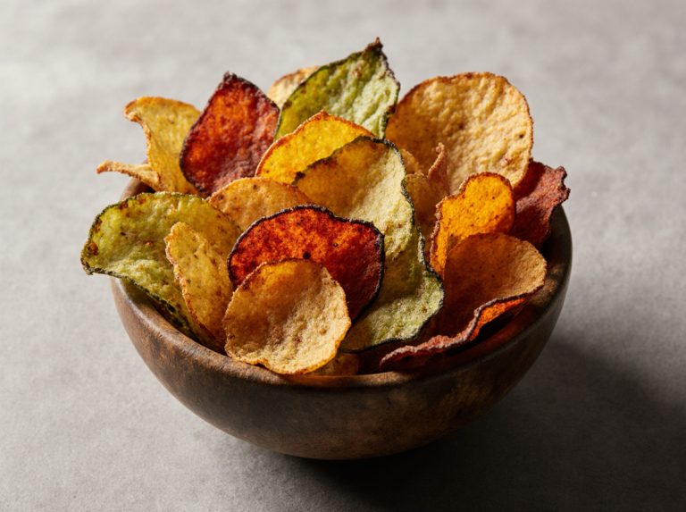 Knusprige Gemüsechips aus der Heißluftfritteuse, perfekt für einen gesunden Snack.