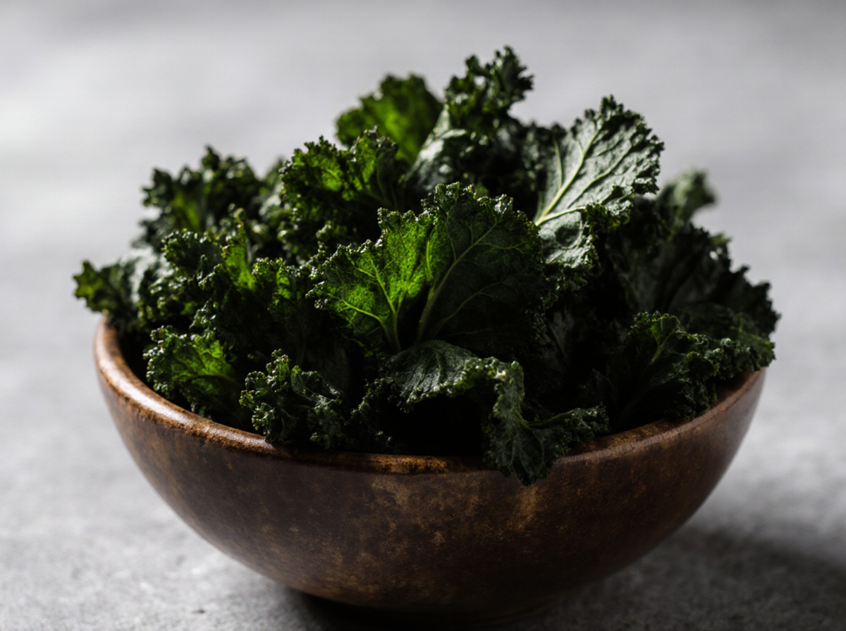 Knusprige Grünkohlchips aus der Heißluftfritteuse, perfekt für einen gesunden Snack.