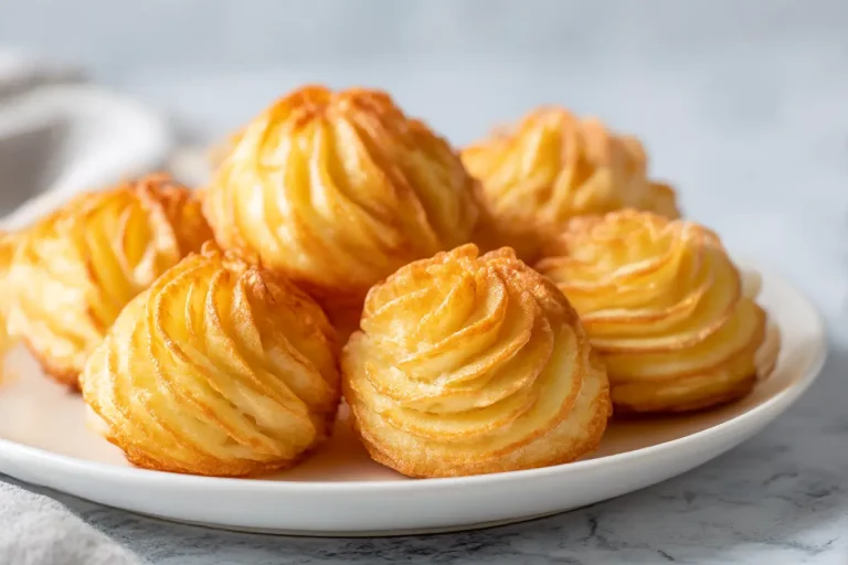 Leckere Herzoginkartoffeln aus der Heißluftfritteuse, goldbraun und knusprig.