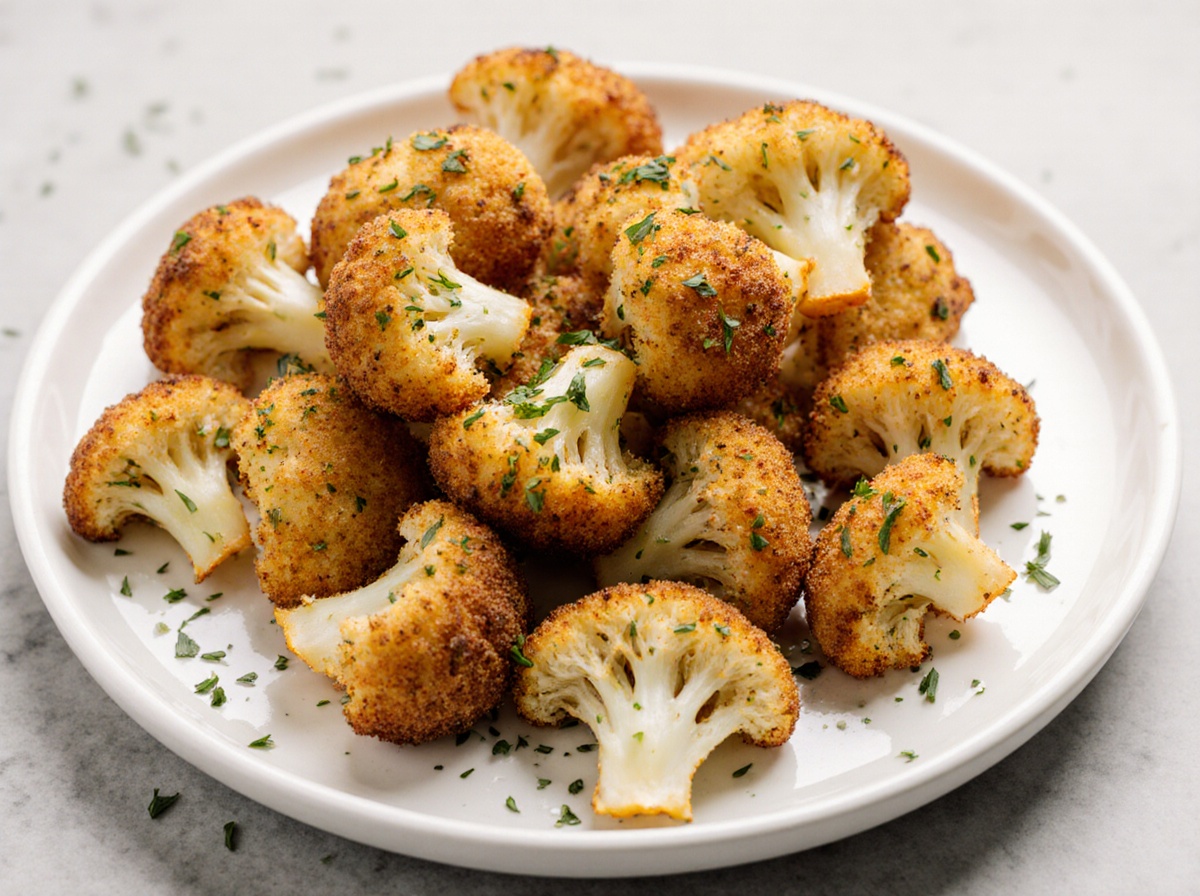 Lecker panierter Blumenkohl, knusprig zubereitet im Airfryer für eine gesunde Mahlzeit.