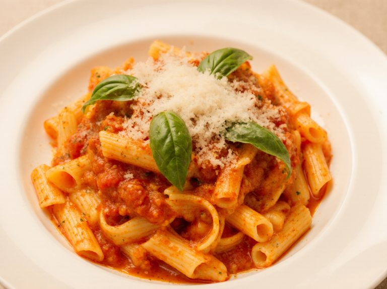 Leckere Pasta in Tomatensauce aus der Heißluftfritteuse für ein schnelles Abendessen.