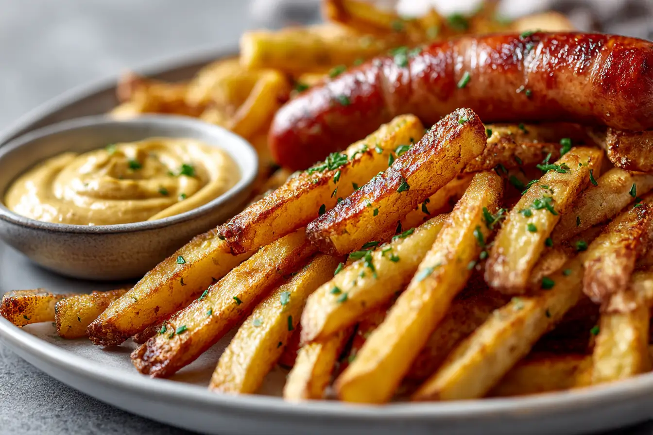 Leckere Pommes mit knuspriger Bratwurst, perfekt zubereitet im Airfryer.