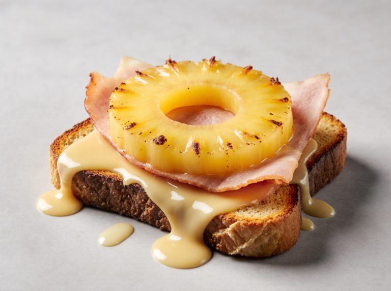 Leckeres Toast Hawaii aus der Heißluftfritteuse mit perfekt geschmolzenem Käse und saftigem Schinken.