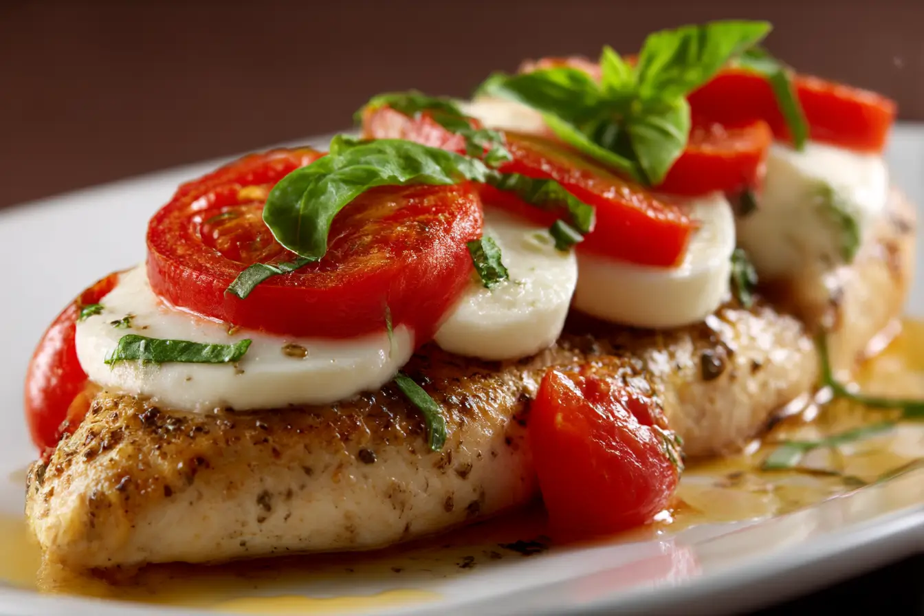 Saftiges Hähnchen mit Tomate und Mozzarella, perfekt aus der Heißluftfritteuse zubereitet.