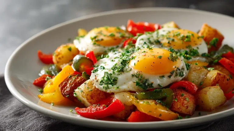 Leckeres Bauernfrühstück aus der Heißluftfritteuse mit frischem Gemüse und knusprigen Kartoffeln.