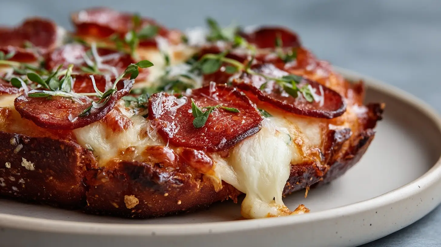 Leckere Brezel Pizza aus der Heißluftfritteuse mit geschmolzenem Käse und frischen toppings.