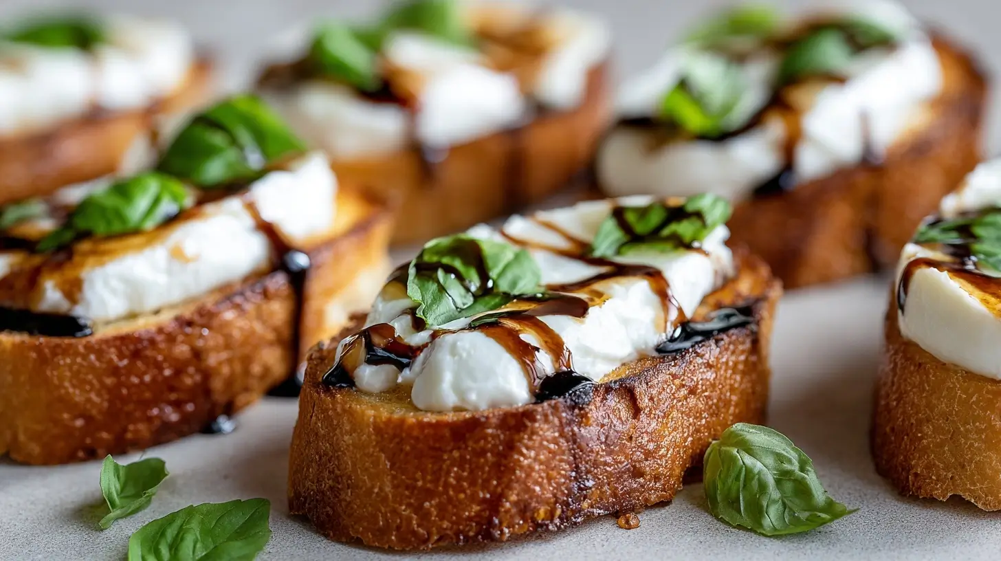 Burrata-Crostini aus der Heißluftfritteuse mit frischen Kräutern und knusprigem Brot.