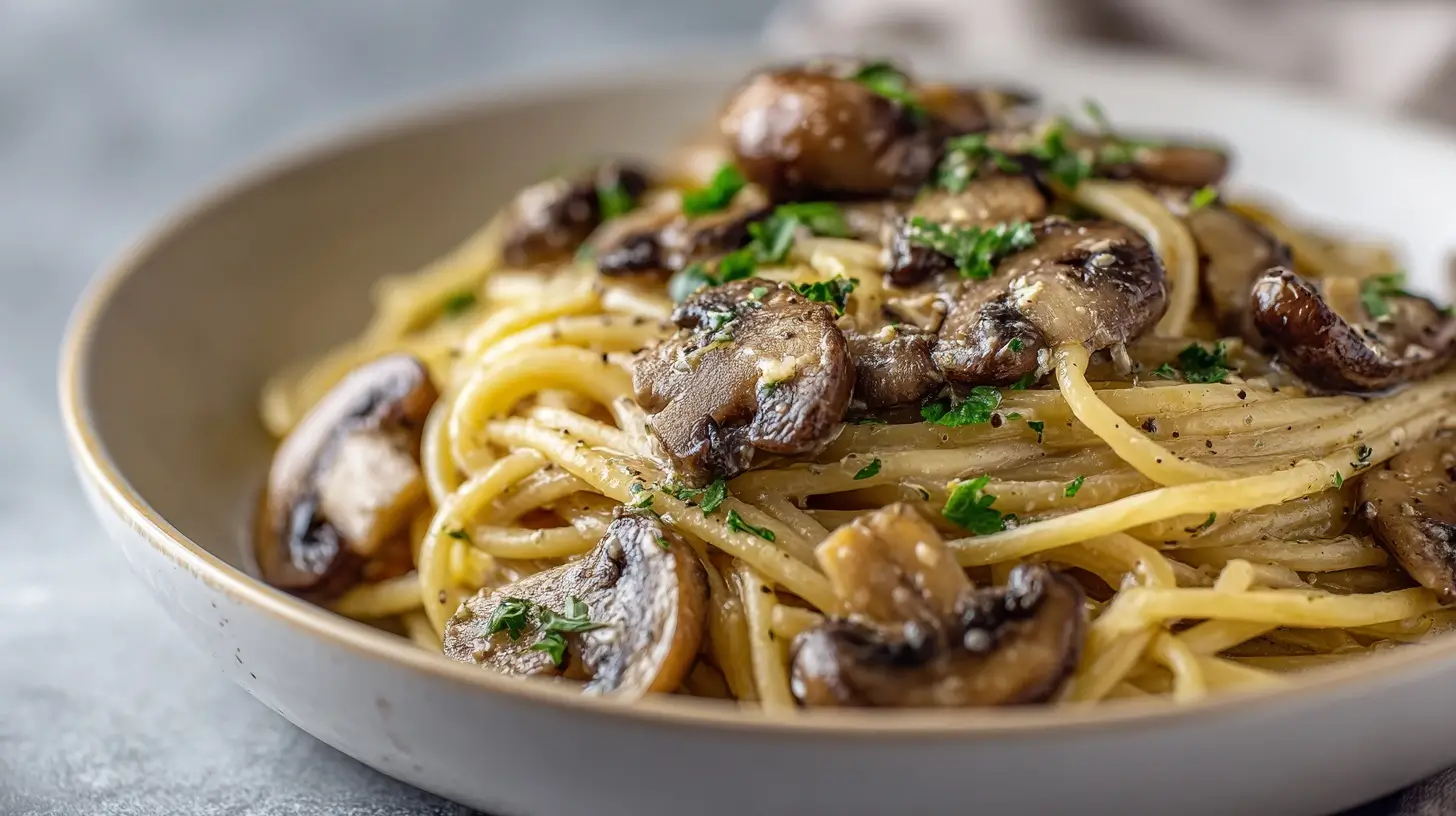 Leckere Champignon-Pasta aus der Heißluftfritteuse mit frischen Kräutern und einer cremigen Sauce.
