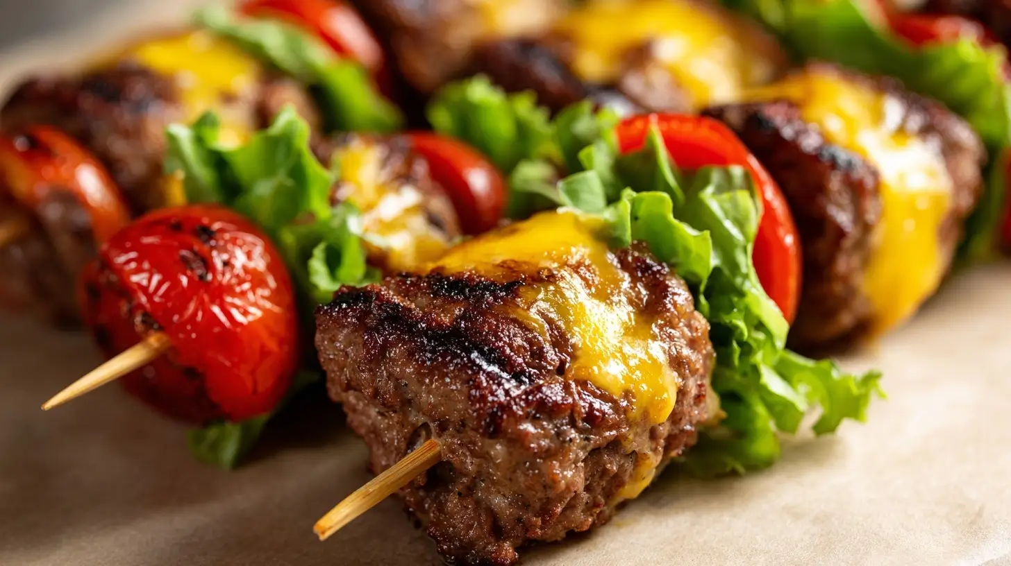 Leckere Cheeseburger Spieße aus der Heißluftfritteuse mit saftigem Fleisch und frischem Gemüse.