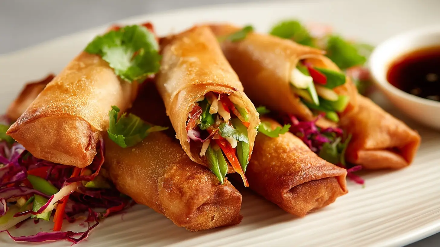Leckere Frühlingsrollen, die in der Heißluftfritteuse knusprig gebraten werden.