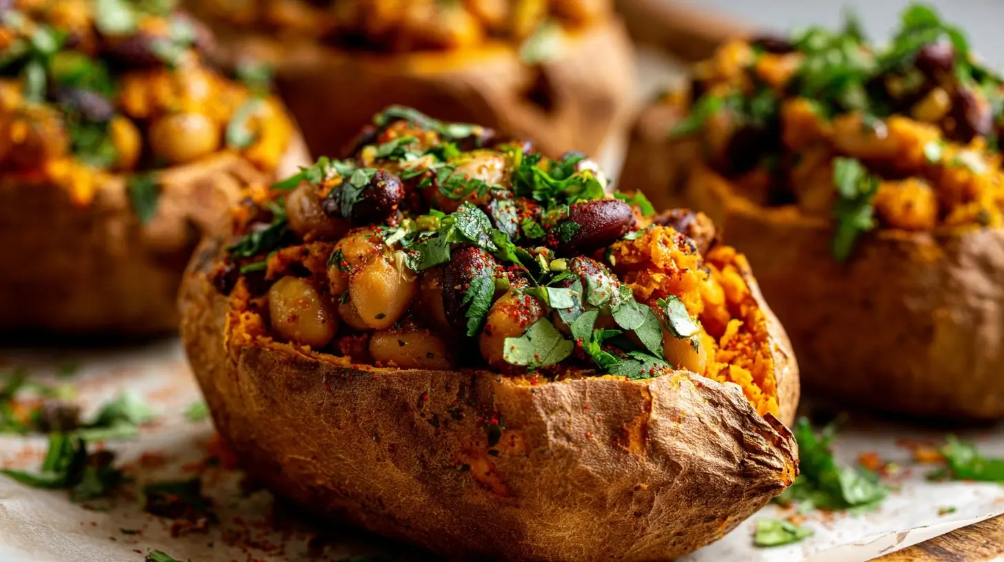 Leckere gefüllte Süßkartoffeln, zubereitet im Airfryer, ideal für ein gesundes Abendessen.