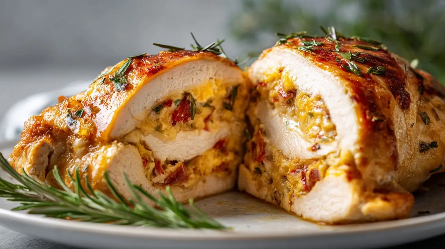 Saftige gefüllte Hähnchenbrust, perfekt zubereitet im Airfryer für ein aromatisches und gesundes Gericht.