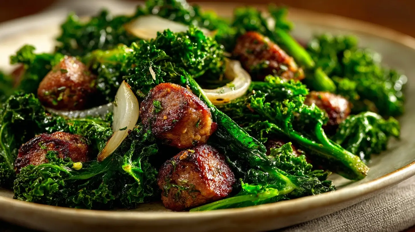 Leckeres Grünkohlgericht mit Pinkel, zubereitet in der Heißluftfritteuse für eine gesunde Mahlzeit.