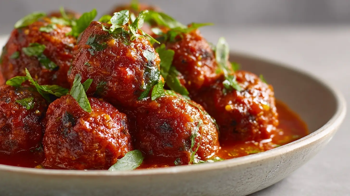 Saftige Hackbällchen in aromatischer Tomatensoße, zubereitet in der Heißluftfritteuse.