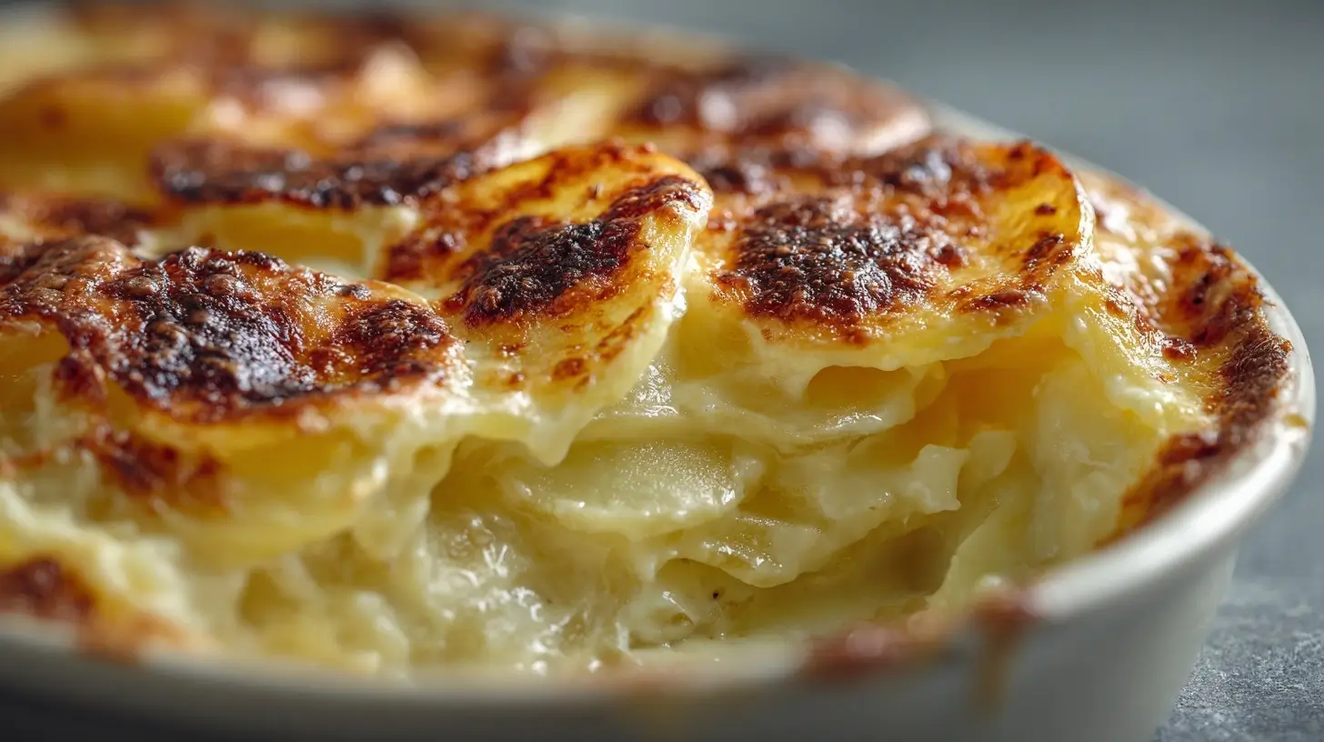 Leckeres Kartoffelgratin, frisch zubereitet in der Heißluftfritteuse, mit goldbrauner Kruste.