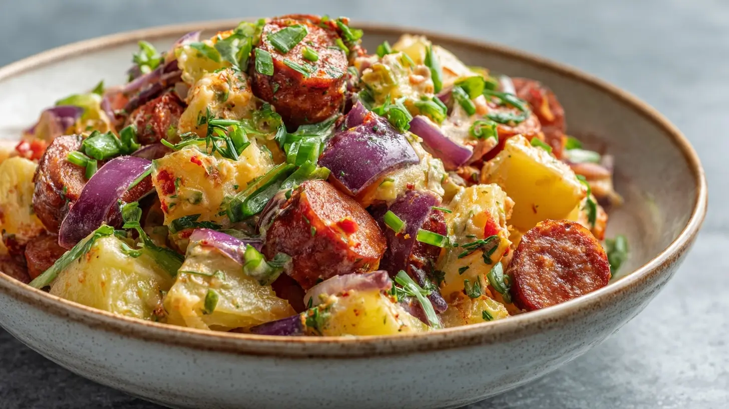 Leckerer Kartoffelsalat mit knusprigen Würstchen aus dem Airfryer für ein perfektes Mittagessen.