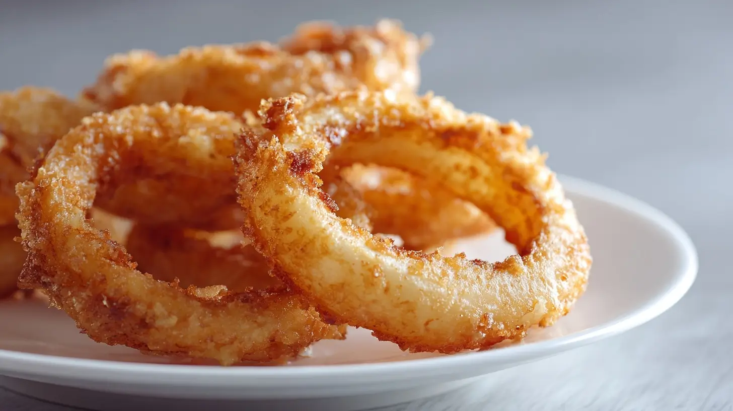 Knusprige Zwiebelringe aus der Heißluftfritteuse, perfekt für jeden Snack.