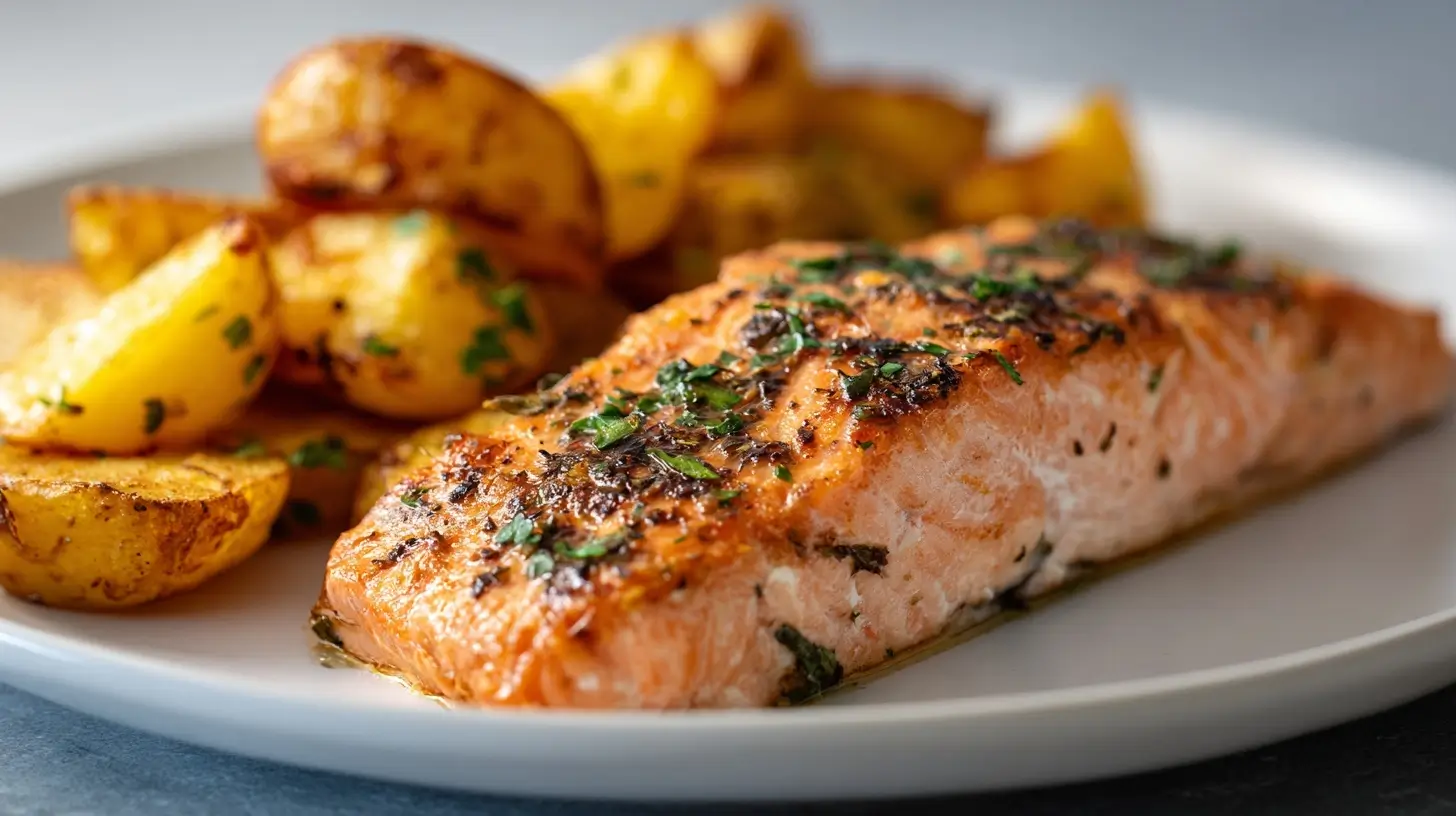 Zartes Lachsfilet mit goldbraunen Kartoffeln aus der Heißluftfritteuse.