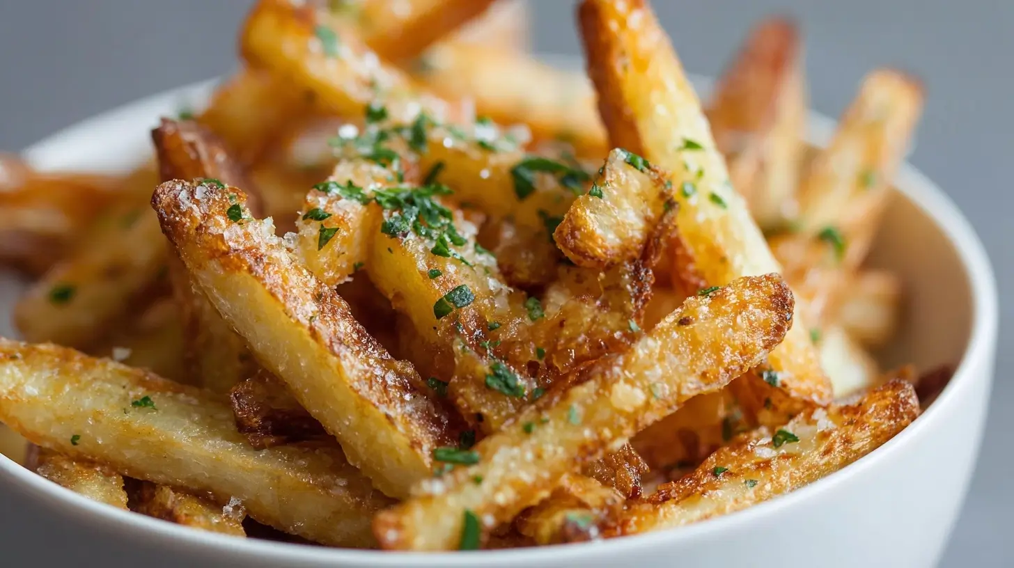 Knusprige Pastinaken Pommes aus der Heißluftfritteuse, perfekt gewürzt und gesund.