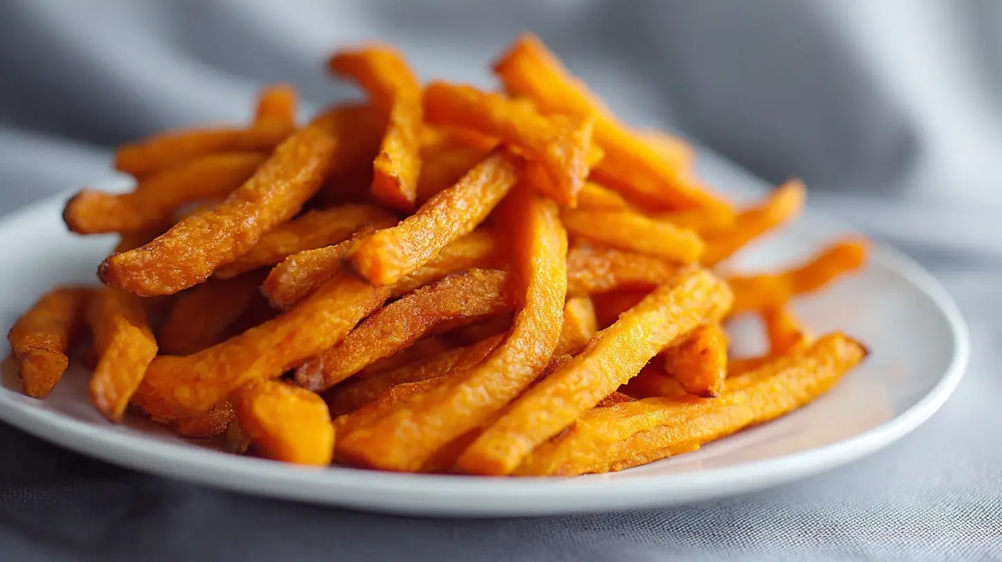 Leckere Süßkartoffelpommes aus der Heißluftfritteuse, perfekt knusprig und gesund.