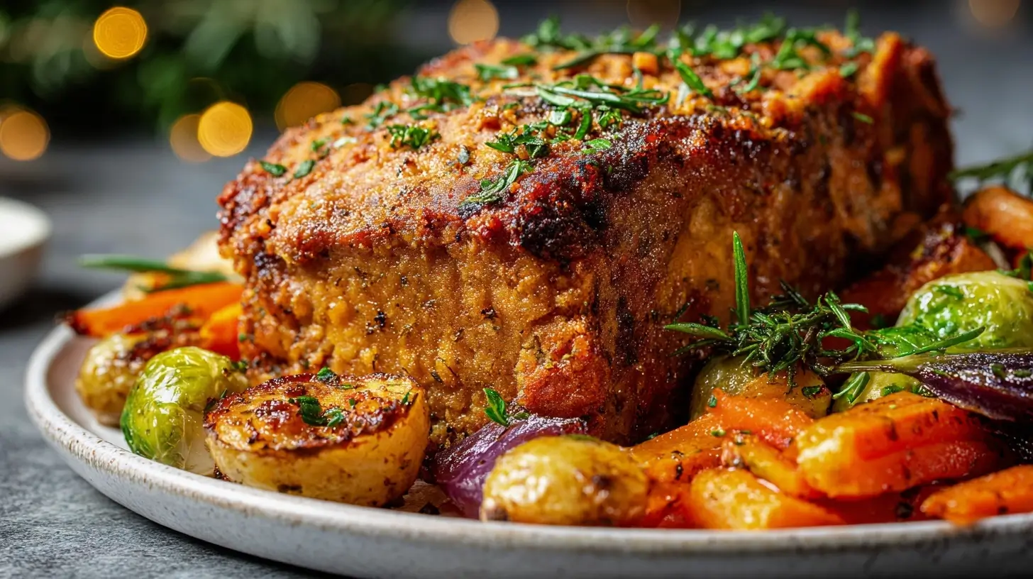 Saftiger veganer Weihnachtsbraten, perfekt zubereitet im Airfryer für die Festtage.