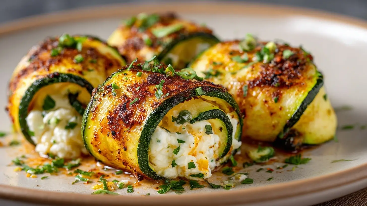 Leckere Zucchiniröllchen aus der Heißluftfritteuse, gefüllt mit frischem Gemüse und Kräutern.