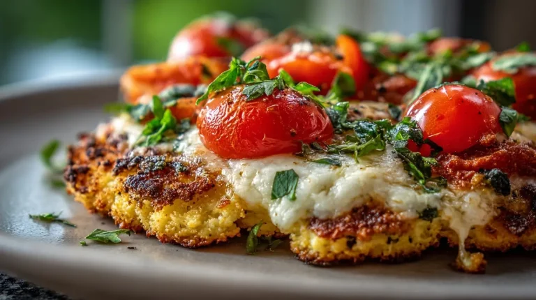 Leckere Airfryer Blumenkohl Pizza mit frischen Gemüsebelägen und knusprigem Boden.