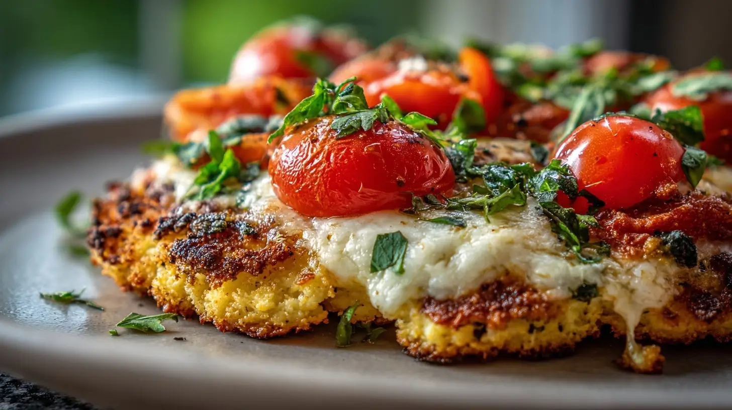 Leckere Airfryer Blumenkohl Pizza mit frischen Gemüsebelägen und knusprigem Boden.