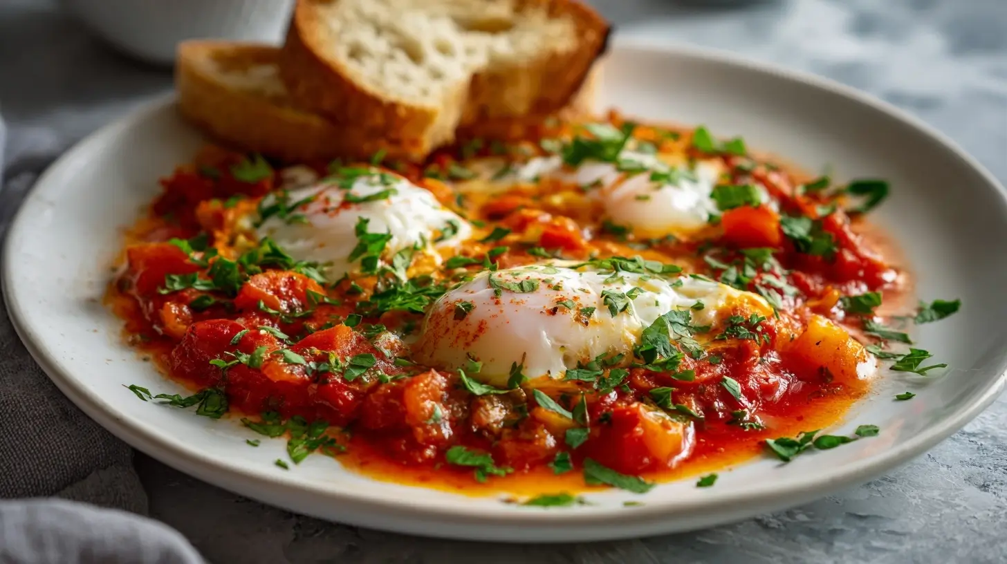 Leckere Airfryer Shakshuka mit frischen Eiern und aromatischen Gewürzen.