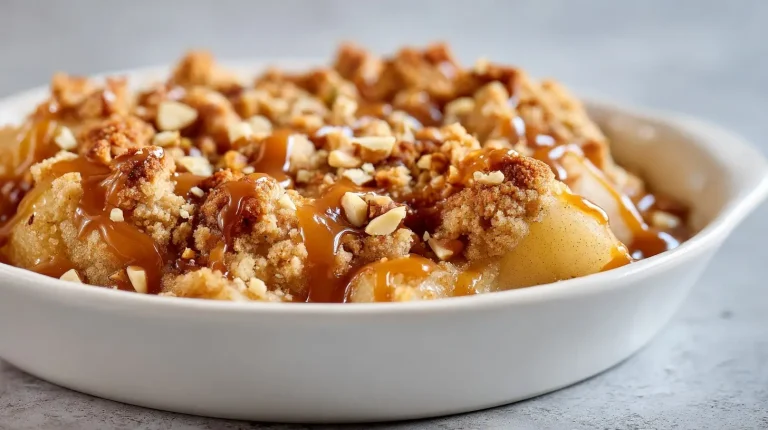 Leckeres Airfryer-Birnen-Crumble mit einer goldbraunen Kruste und saftigen Birnen.