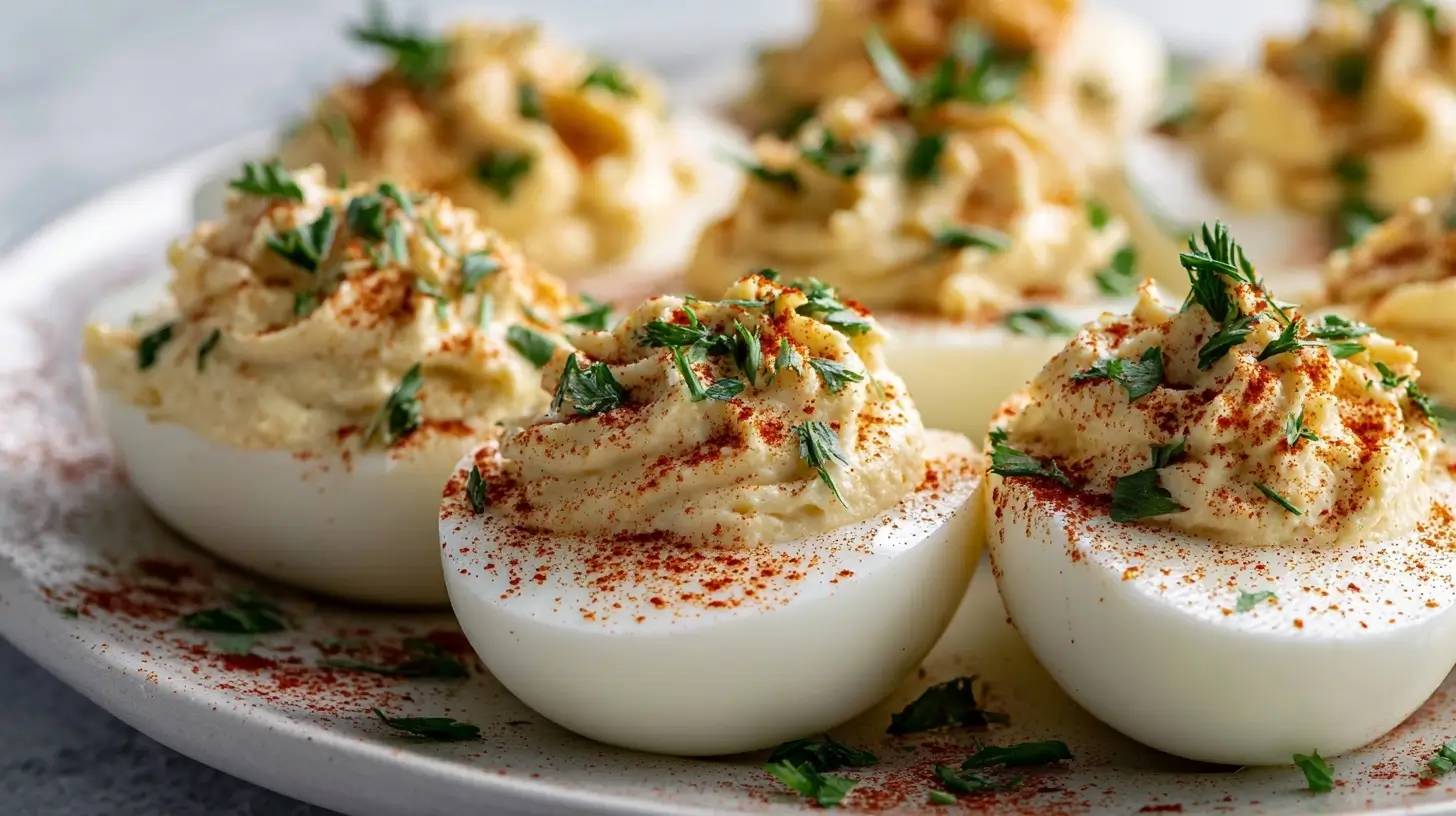 Leckere deviled eggs aus der Heißluftfritteuse, perfekt zubereitet und cremig im Geschmack.