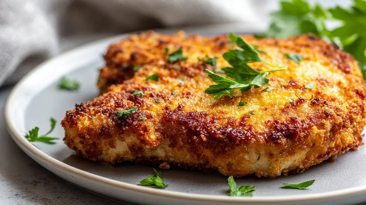 Saftiges paniertes Kotelett, perfekt zubereitet im Airfryer für knusprigen Genuss.