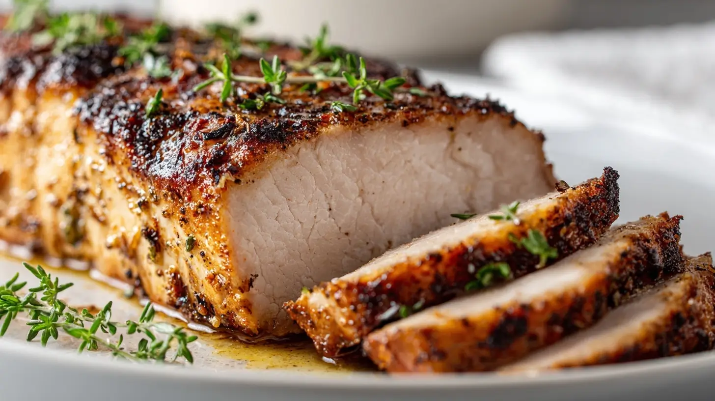 Saftiger Schweinerückenbraten, perfekt zubereitet im Airfryer für ein köstliches Abendessen.