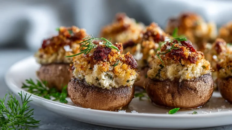 Leckere gefüllte Champignons aus dem Airfryer, ideal für ein schnelles Abendessen.