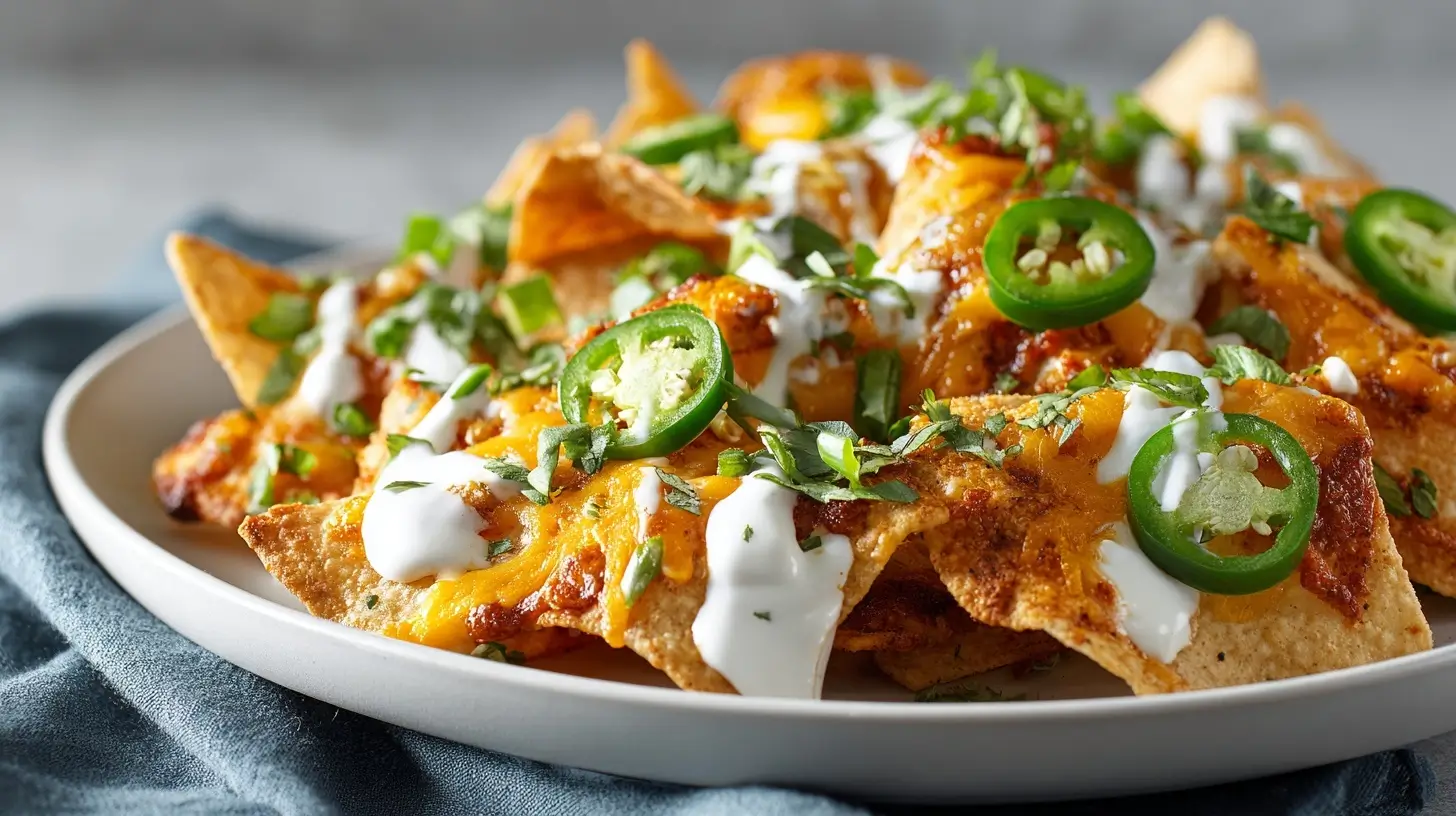 Leckere Airfryer Nachos mit geschmolzenem Käse und frischen Toppings.