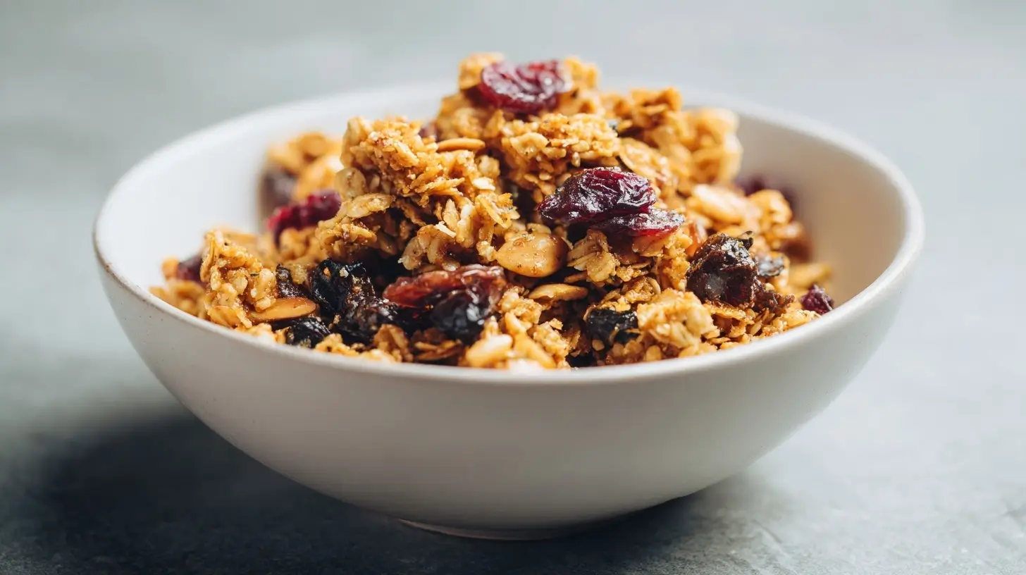 Leckere, selbstgemachte Granola im Airfryer mit Nüssen und Trockenfrüchten.