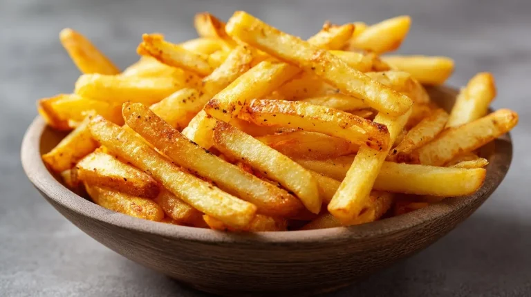 Leckere selbst gemachte Pommes aus dem Airfryer, knusprig und perfekt gebräunt.
