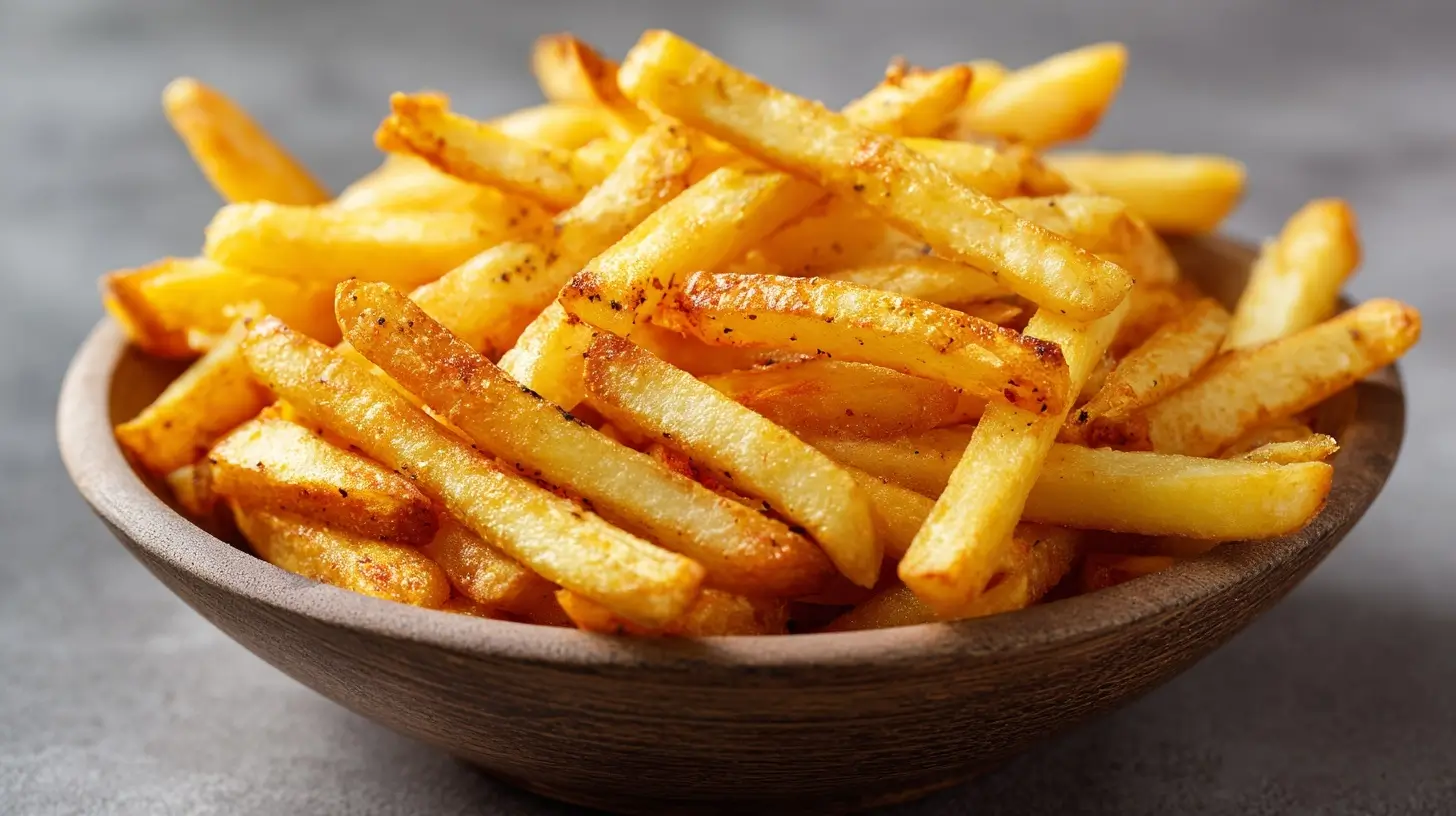 Leckere selbst gemachte Pommes aus dem Airfryer, knusprig und perfekt gebräunt.