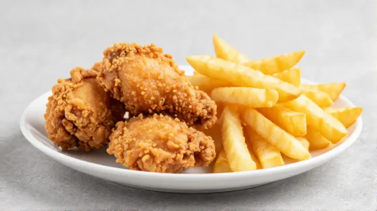 Saftiges Hähnchen und knusprige Pommes, perfekt im Airfryer zubereitet.